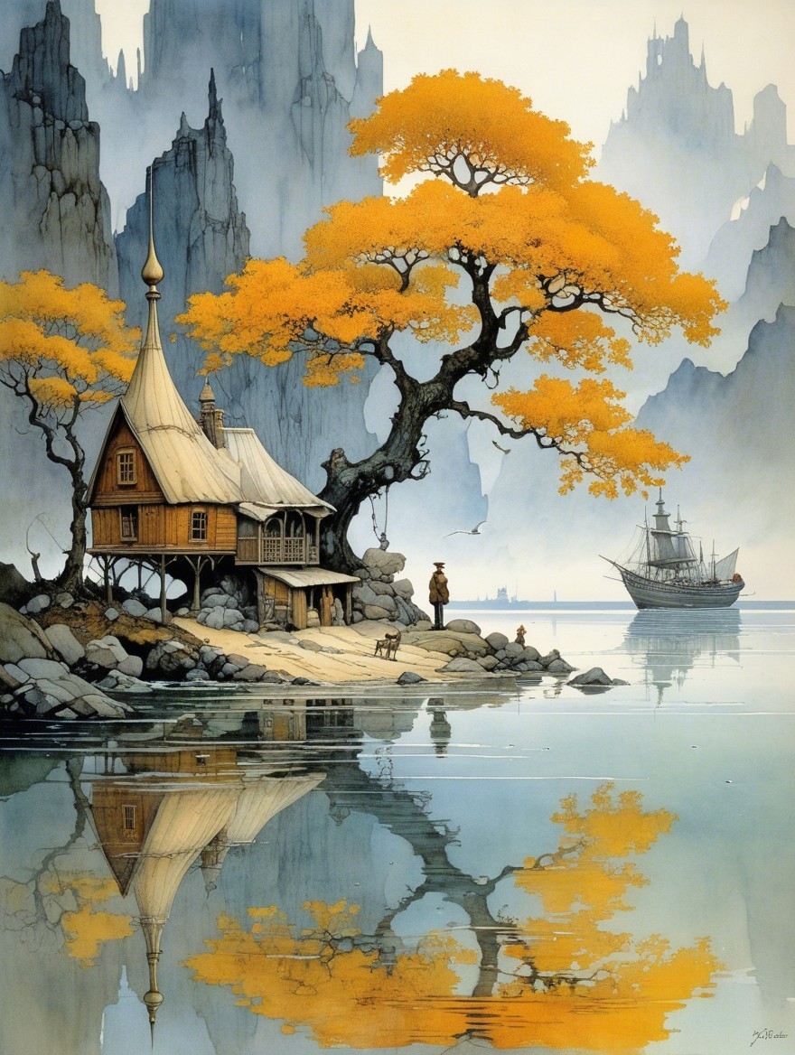 Serene Landscape with Wooden House and Autumn Reflections