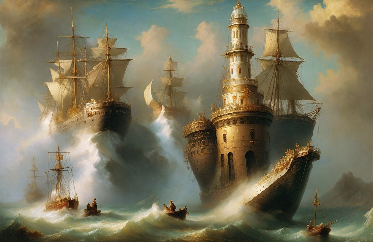 Dramatic Seascape with Ships and Grand Lighthouse