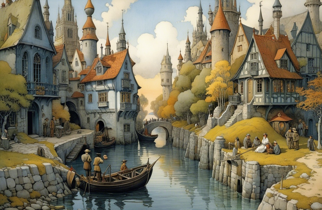 Medieval Town by Serene River with Charming Cottages