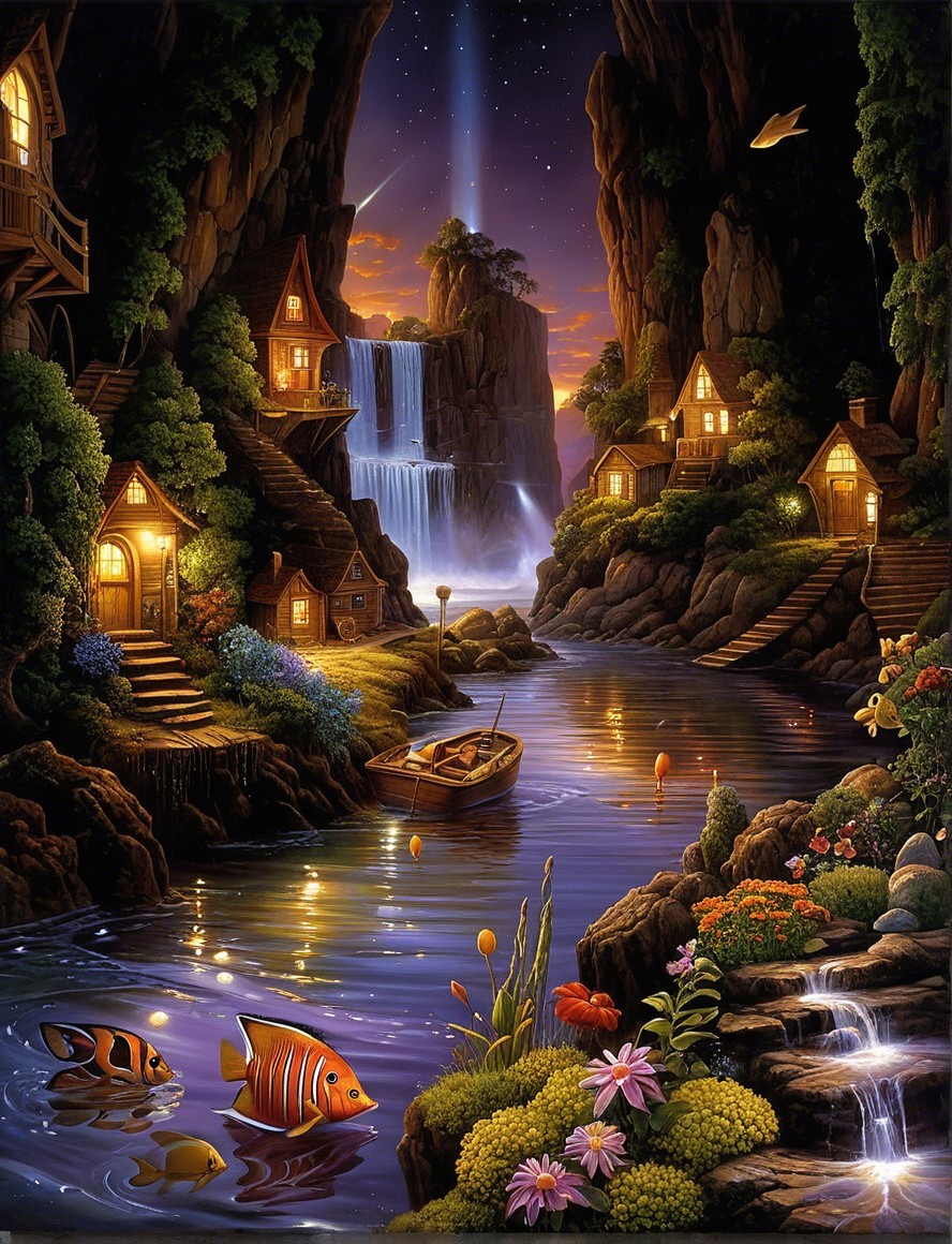 Enchanted Landscape with Cozy Houses and Waterfall