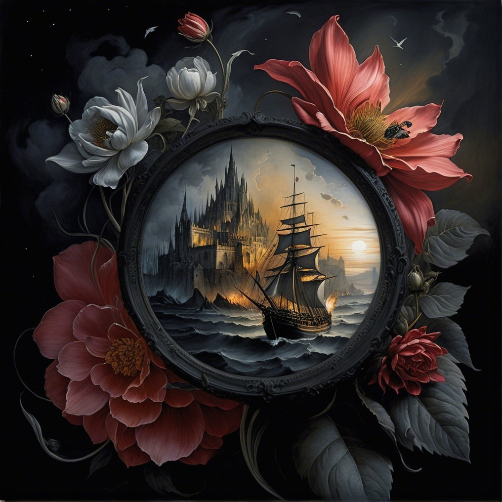 Ship in Turbulent Waters with Distant Castle at Sunset