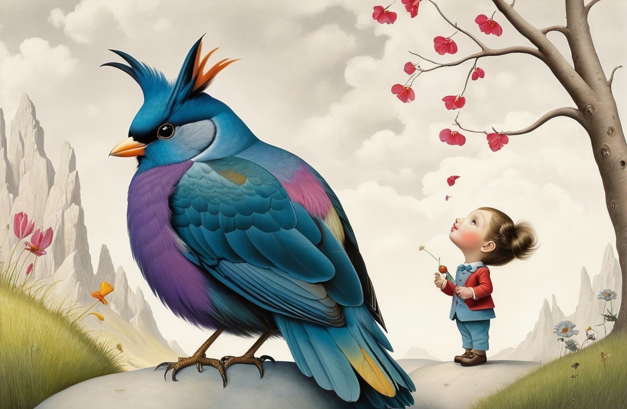 Whimsical Colorful Bird and Enchanted Child Scene