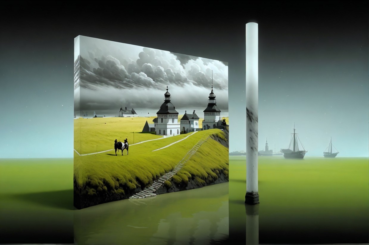 Surreal Landscape with Green Field and Dramatic Sky