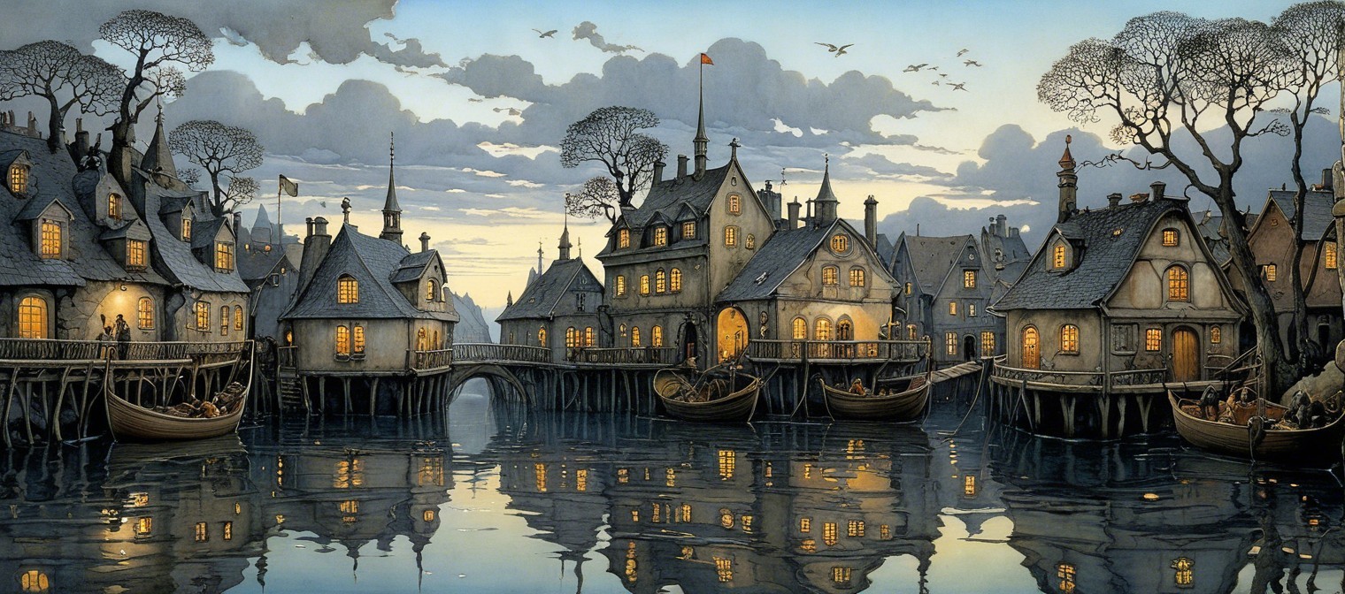 Twilight Village Scene by a Calm Waterway