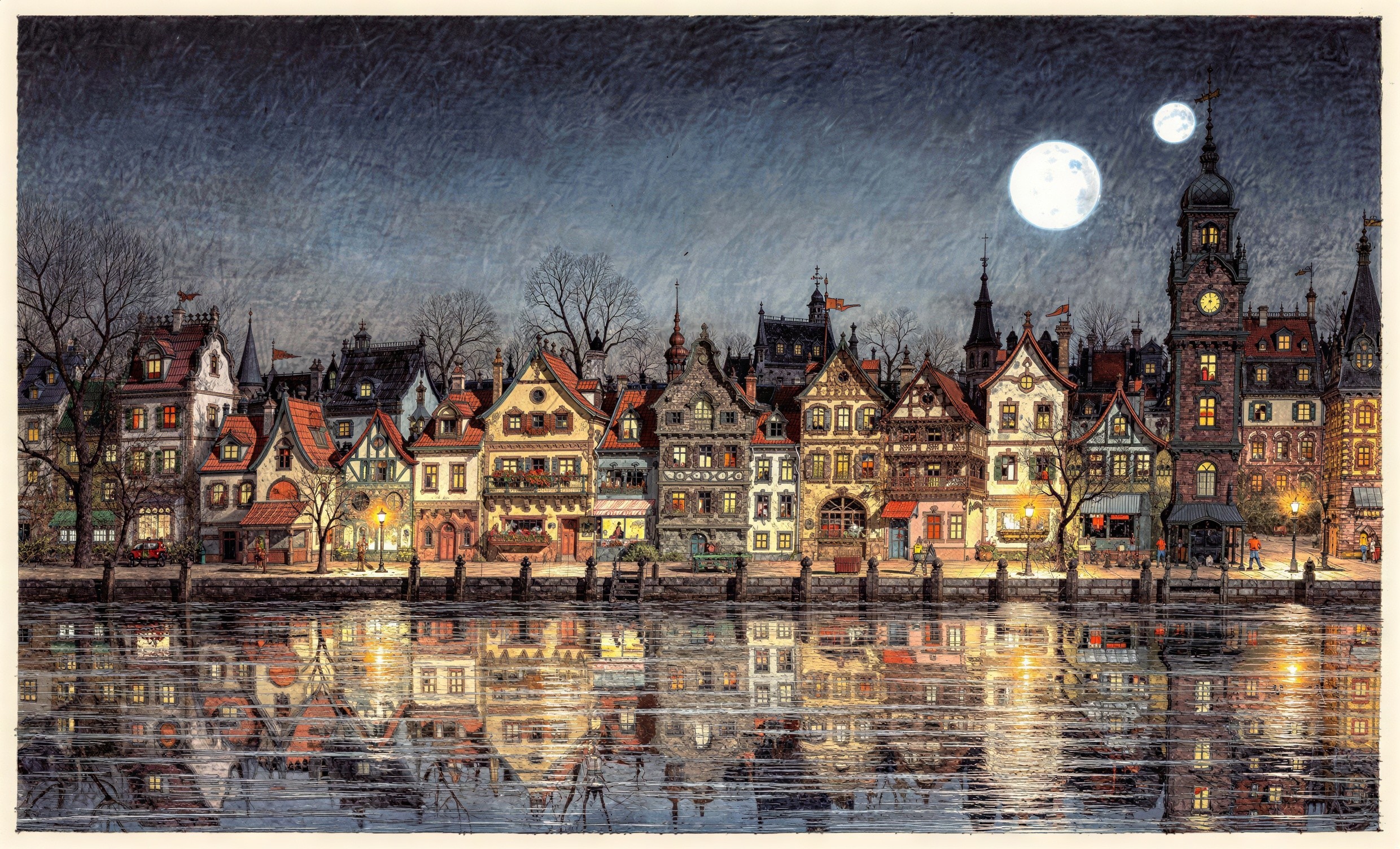 Nighttime Illustration of a Charming European Village