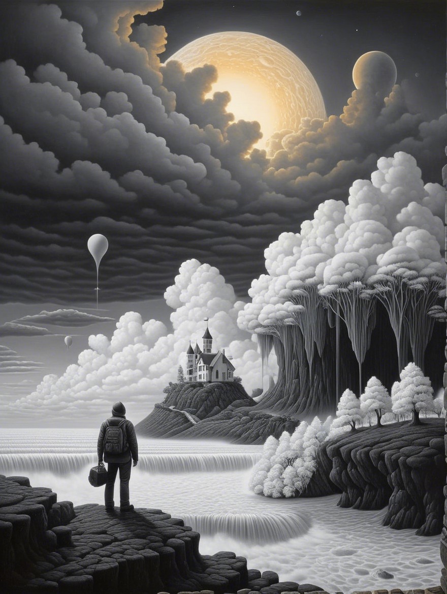 Surreal Monochrome Landscape with Castle and Moon