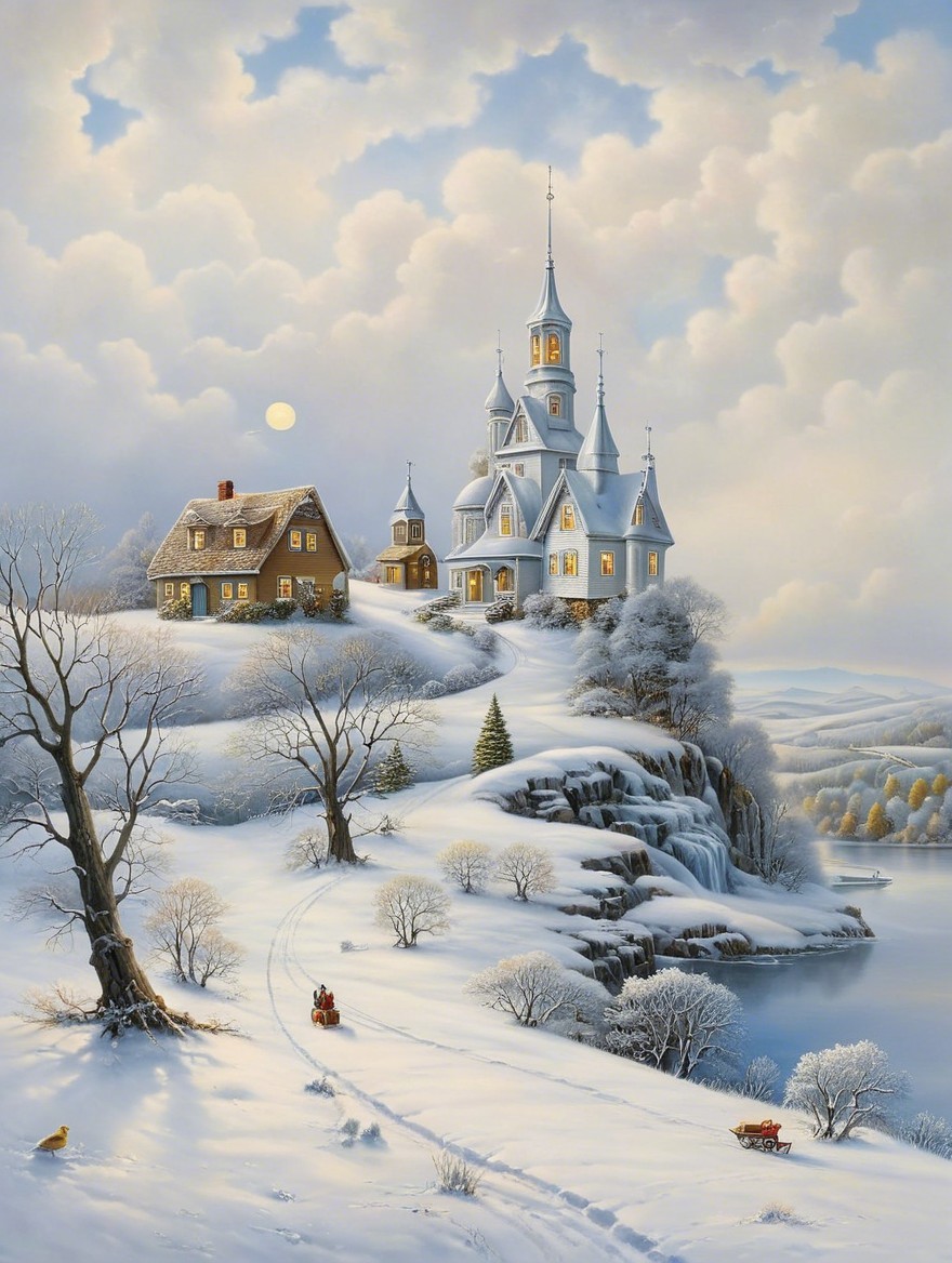 Winter Landscape with House, Castle, and Lake