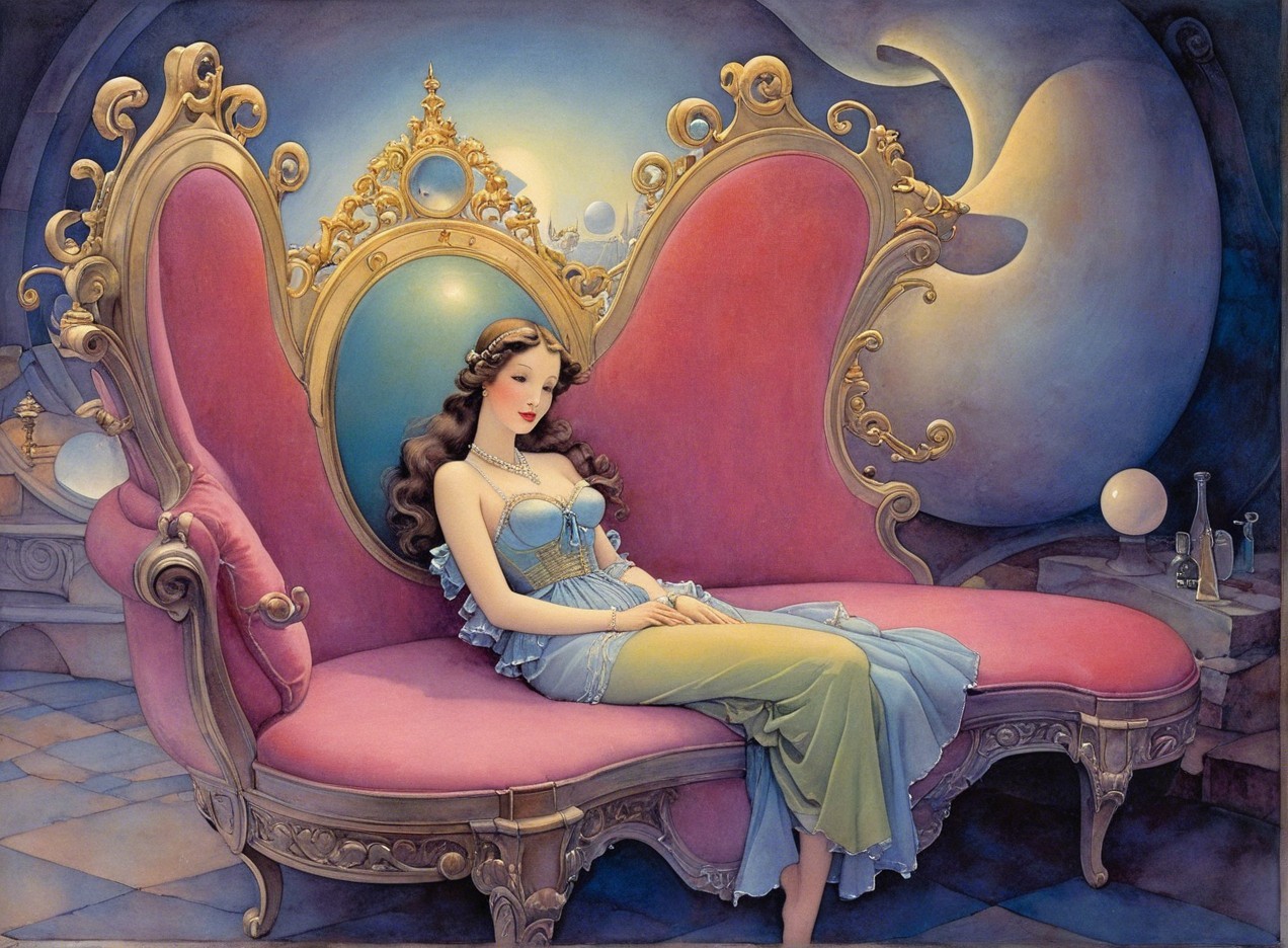 Woman in Powder Blue Dress on Victorian Loveseat