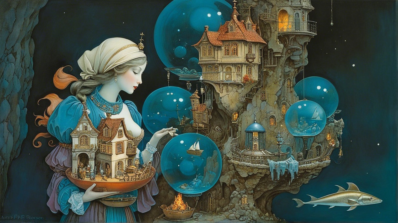 Serene Woman with Miniature Village and Bubbles