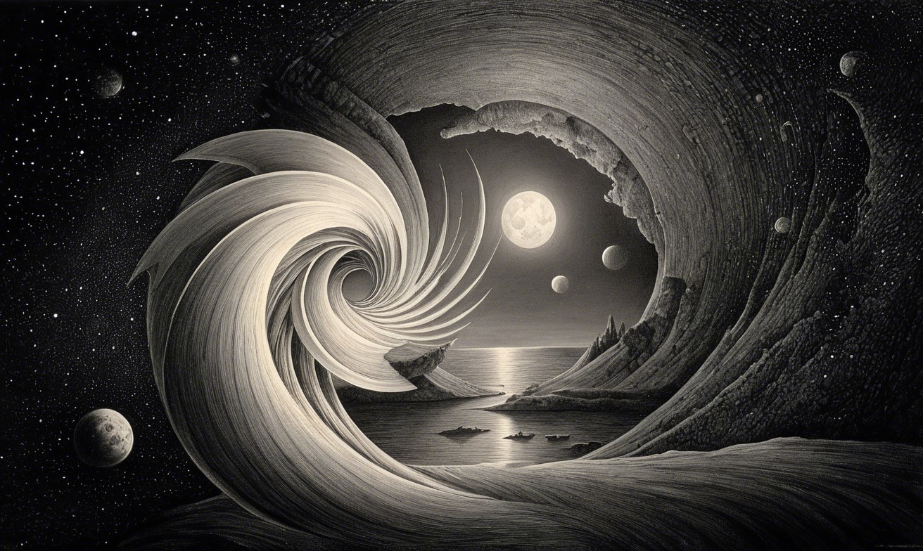 Spiral Wave Artwork with Cosmic Landscape Elements