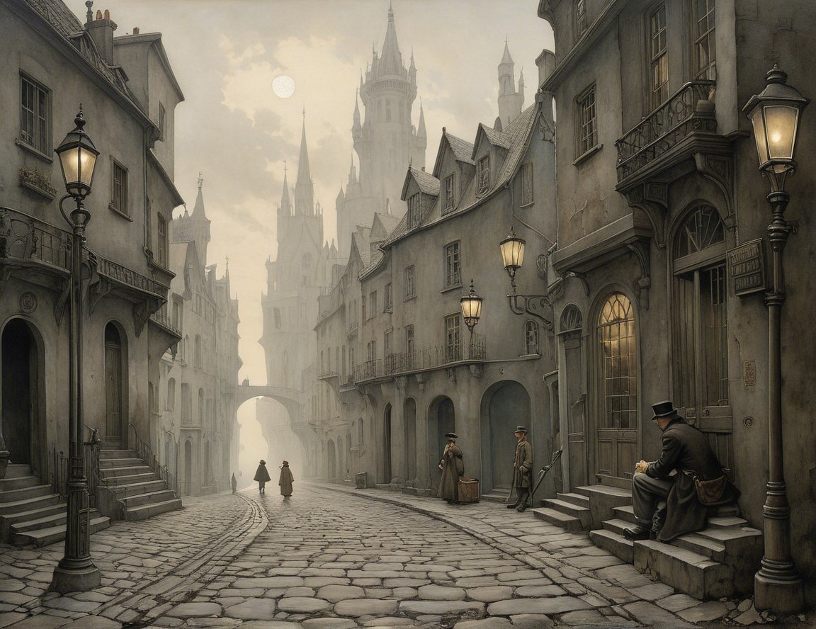 Misty Vintage Cityscape with Cobblestone Roads