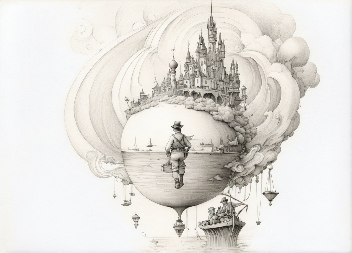 Hot Air Balloon Over Castle and Serene Waterway