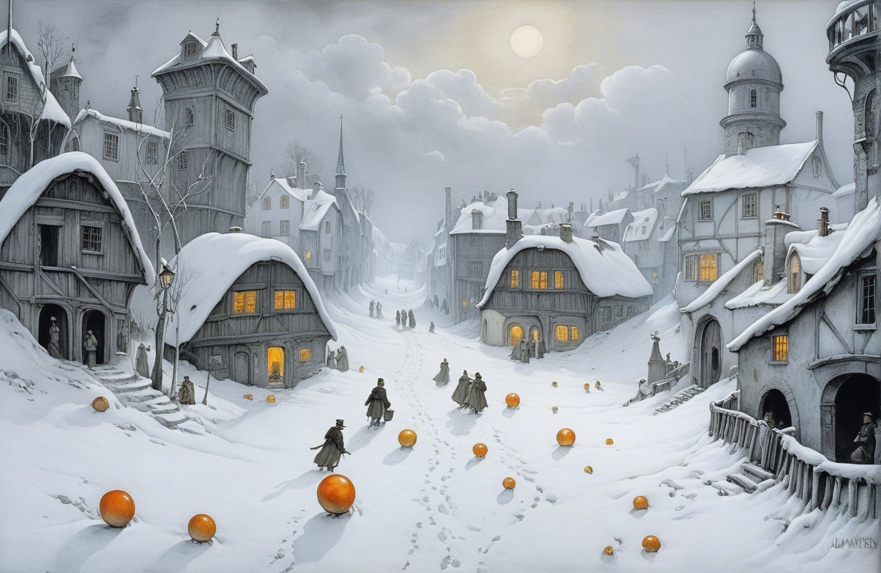Winter Village Scene Under Moonlight with Snow and Lights
