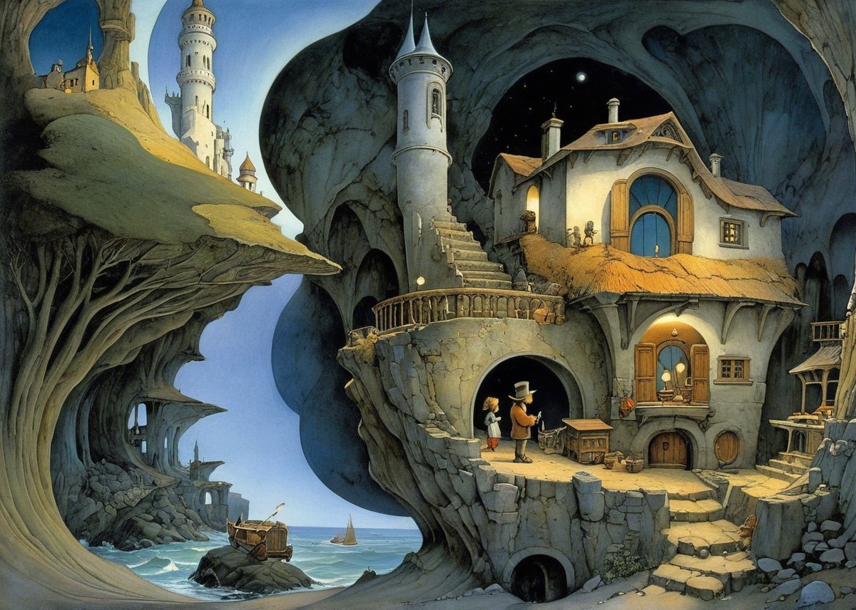 Whimsical Landscape with Castle and Quaint House