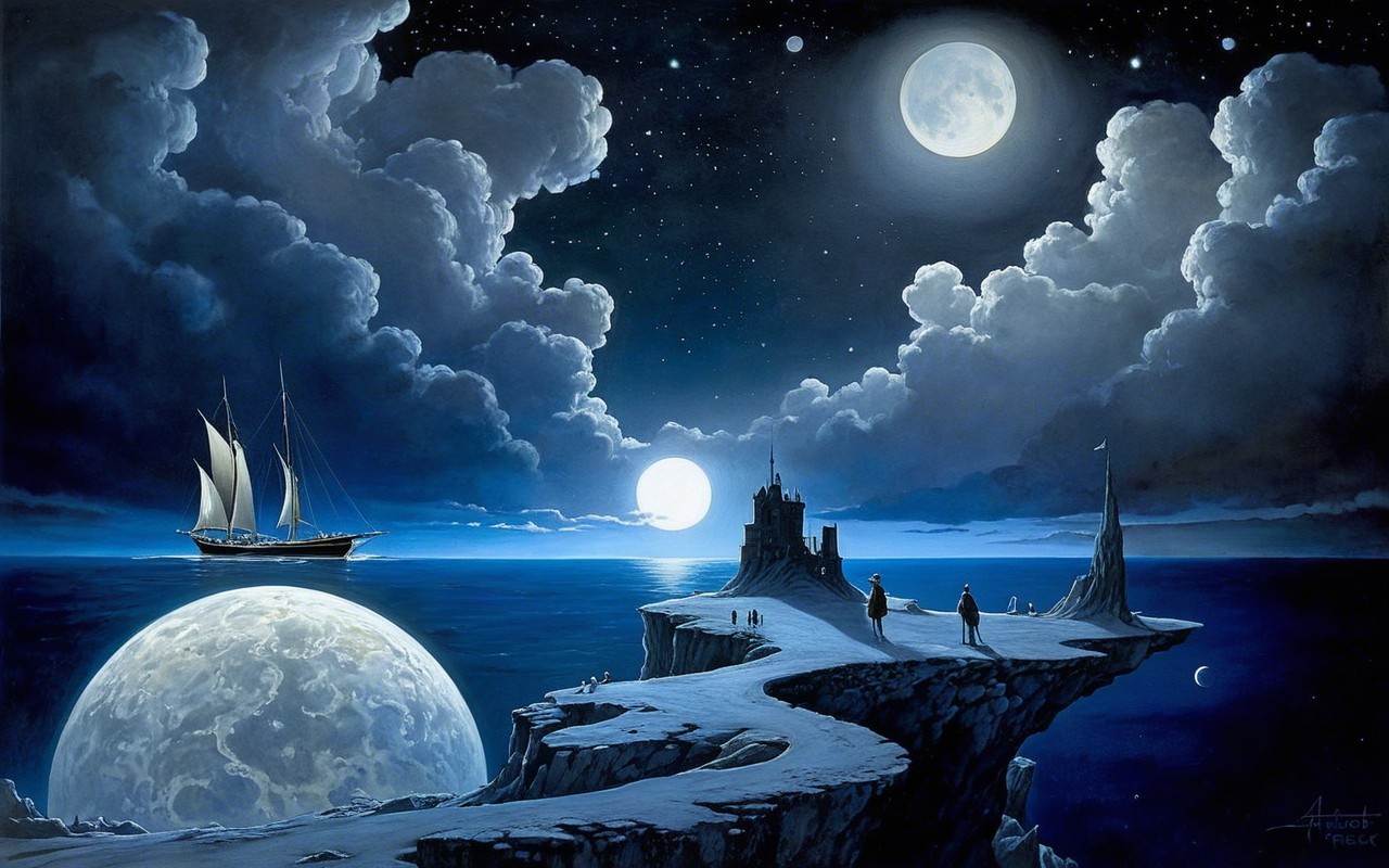 Surreal Night Scene with Cliff, Sea, and Moonlight