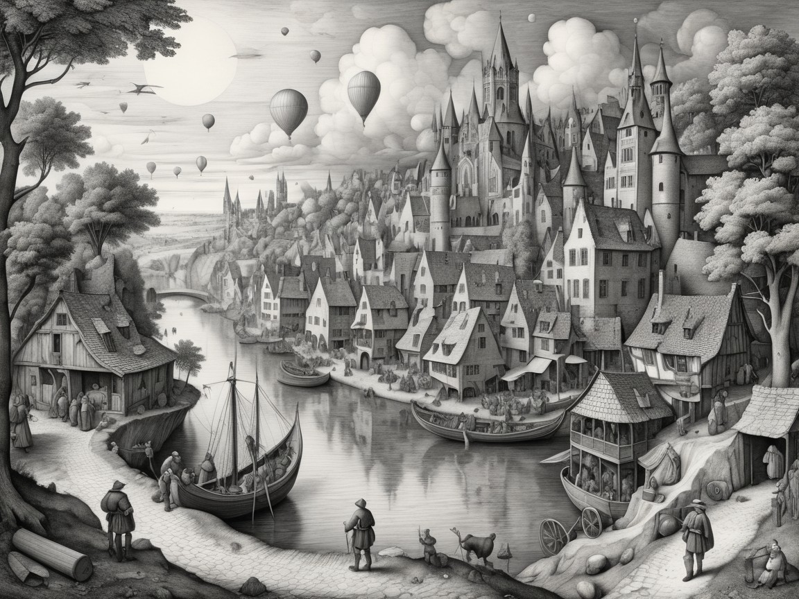Monochromatic Landscape with Village and Castle View
