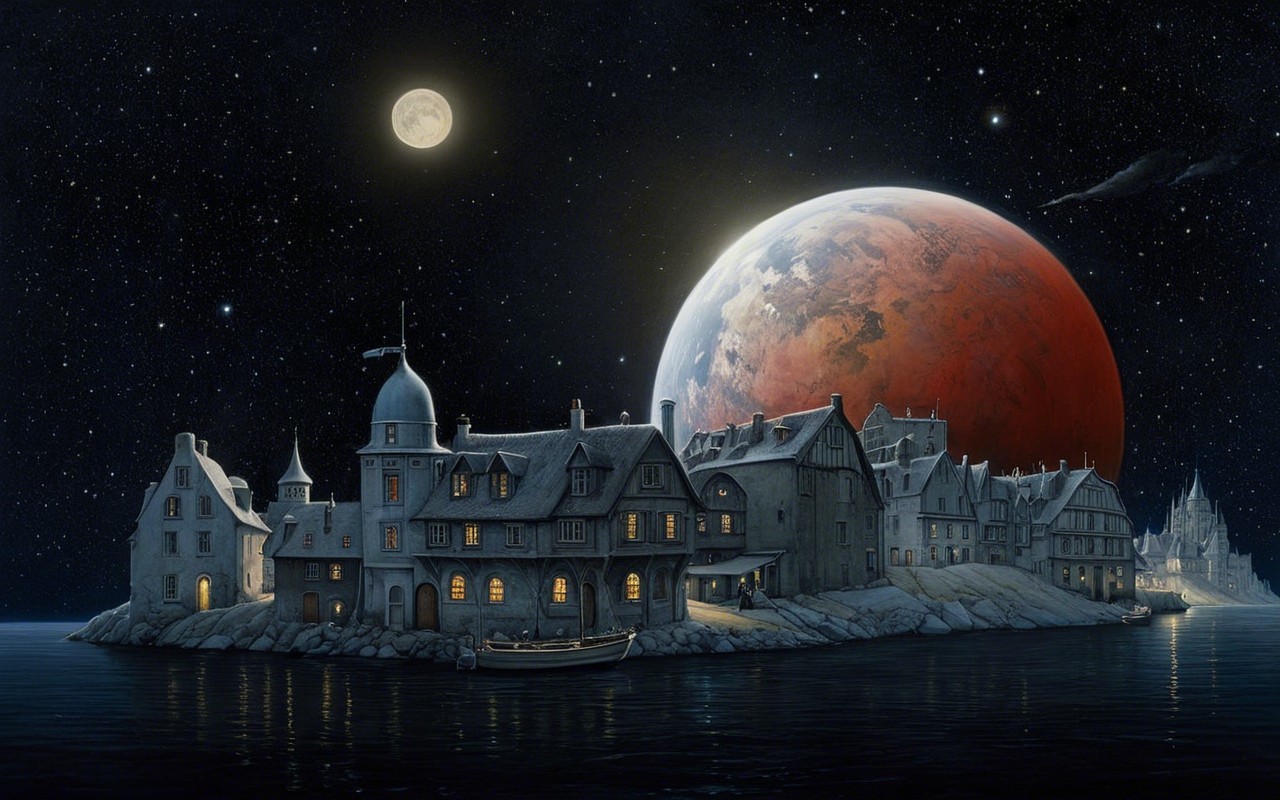 Coastal Village Under Moonlight and Reddish Planet
