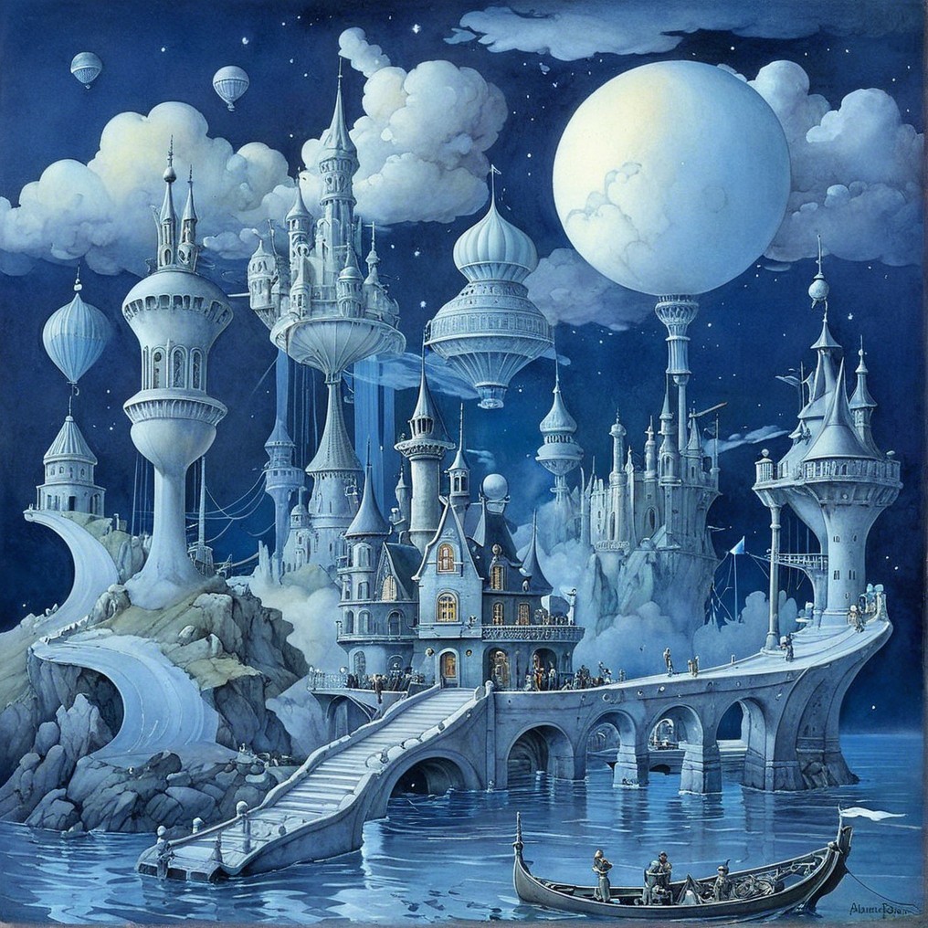 Whimsical Castles and Dreamlike Landscape at Night