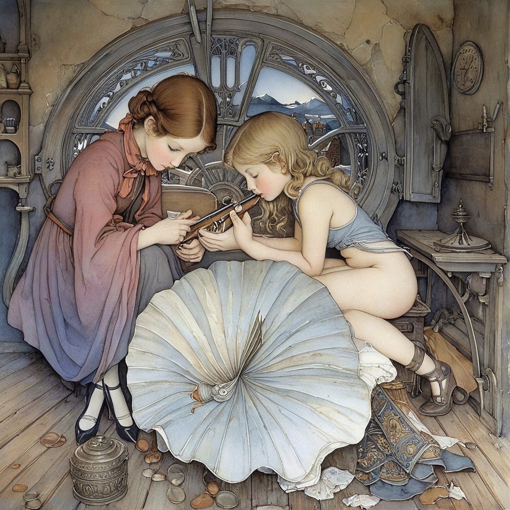Young girls exploring treasures in a vintage room