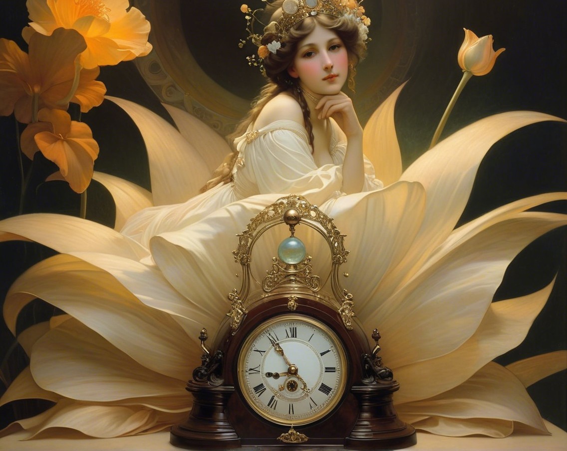 Serene Woman Surrounded by Floral Elements and Clock