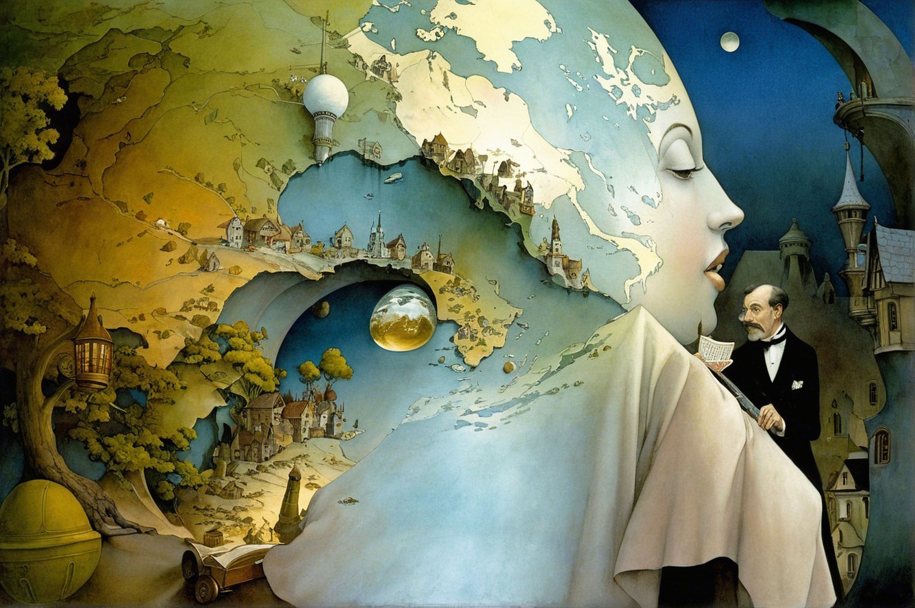 Fantastical Painting of a Distorted Female Head with Map