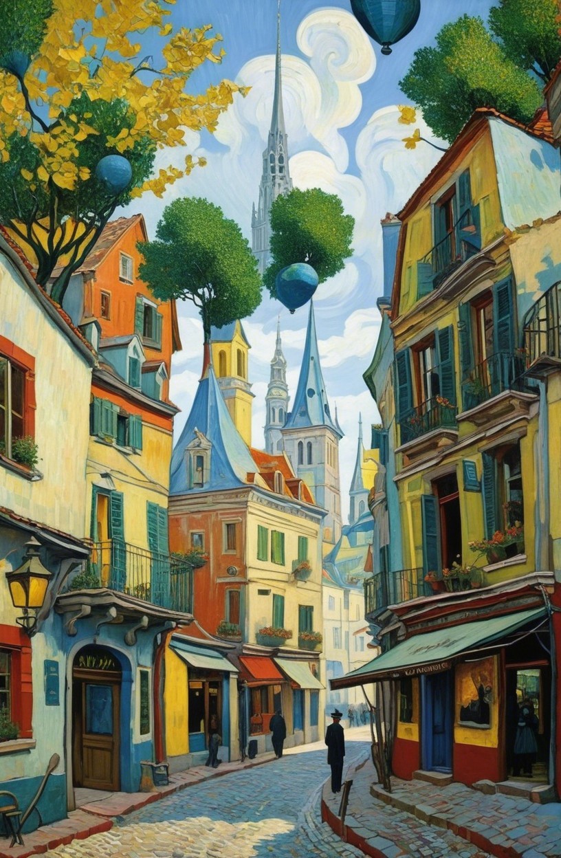 Whimsical Street Scene with Colorful Buildings and Balloons