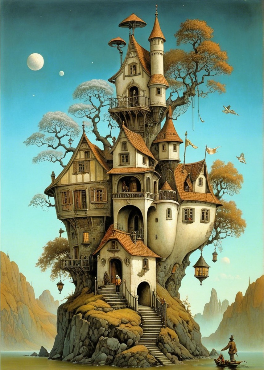 Whimsical treehouse atop rocky outcrop in serene landscape
