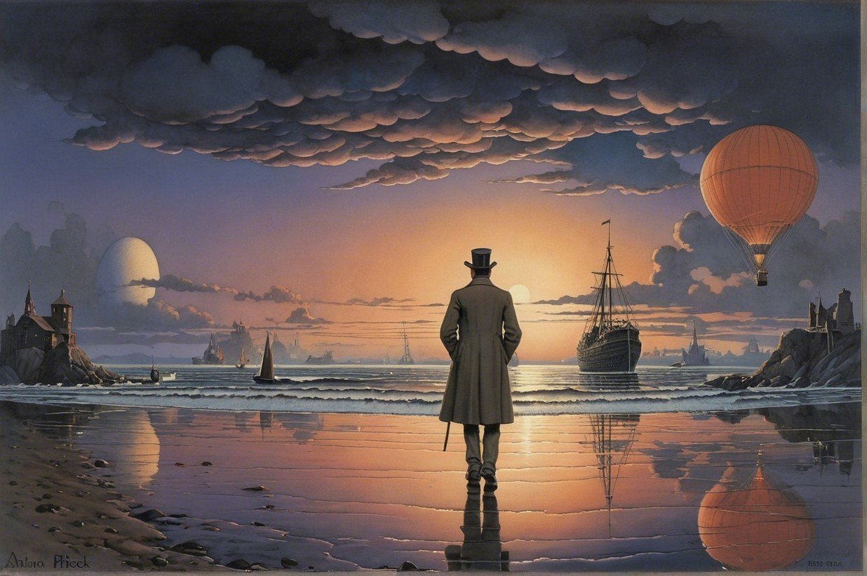 Mysterious Figure on Shoreline at Sunset with Balloons