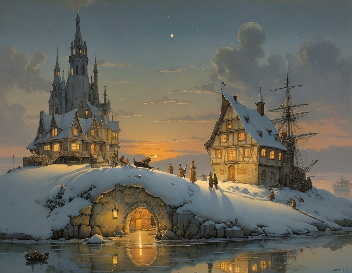 Whimsical Castle and Homes in a Serene Winter Scene
