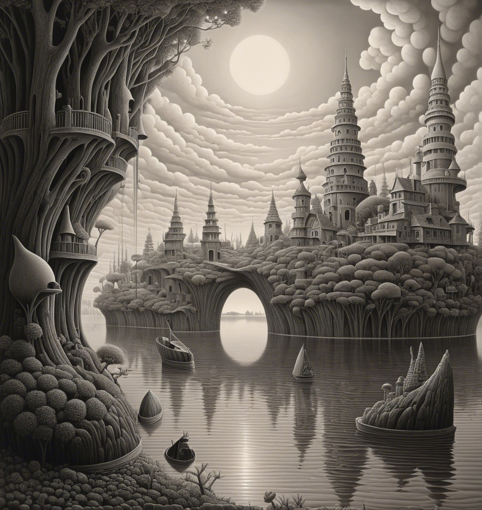 Surreal Landscape with Whimsical Trees and River