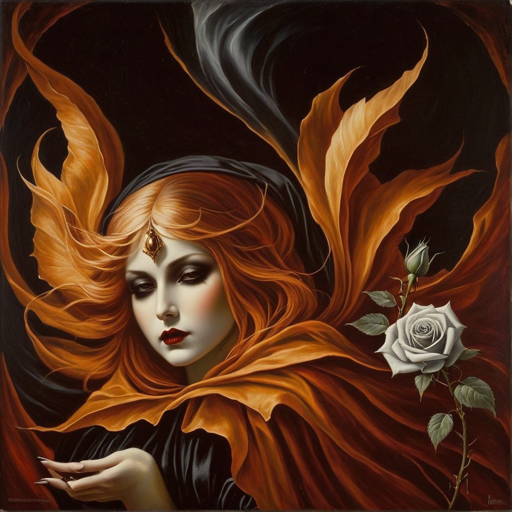 Mystical Figure with Red Hair and Ethereal Fabrics