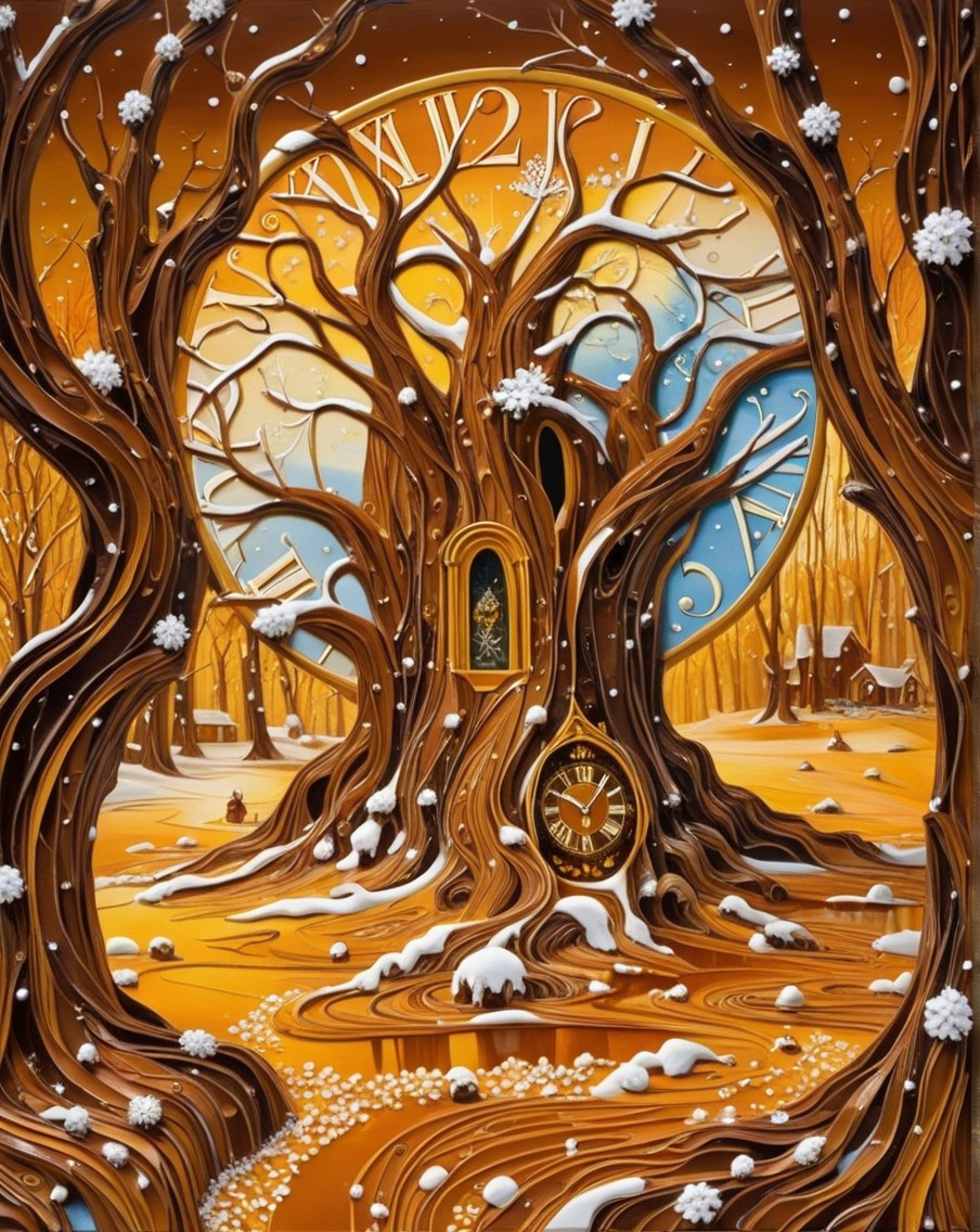 Whimsical Tree with Clocks in Vibrant Sky Setting