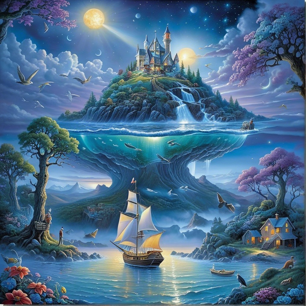 Floating Island with Castle and Serene Landscape