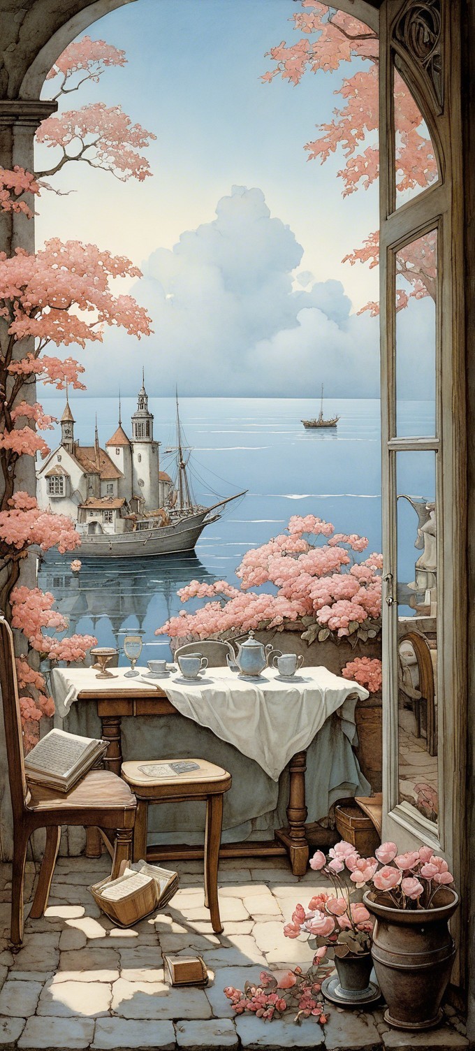 Serene Balcony View of Tranquil Sea and Blossoming Trees