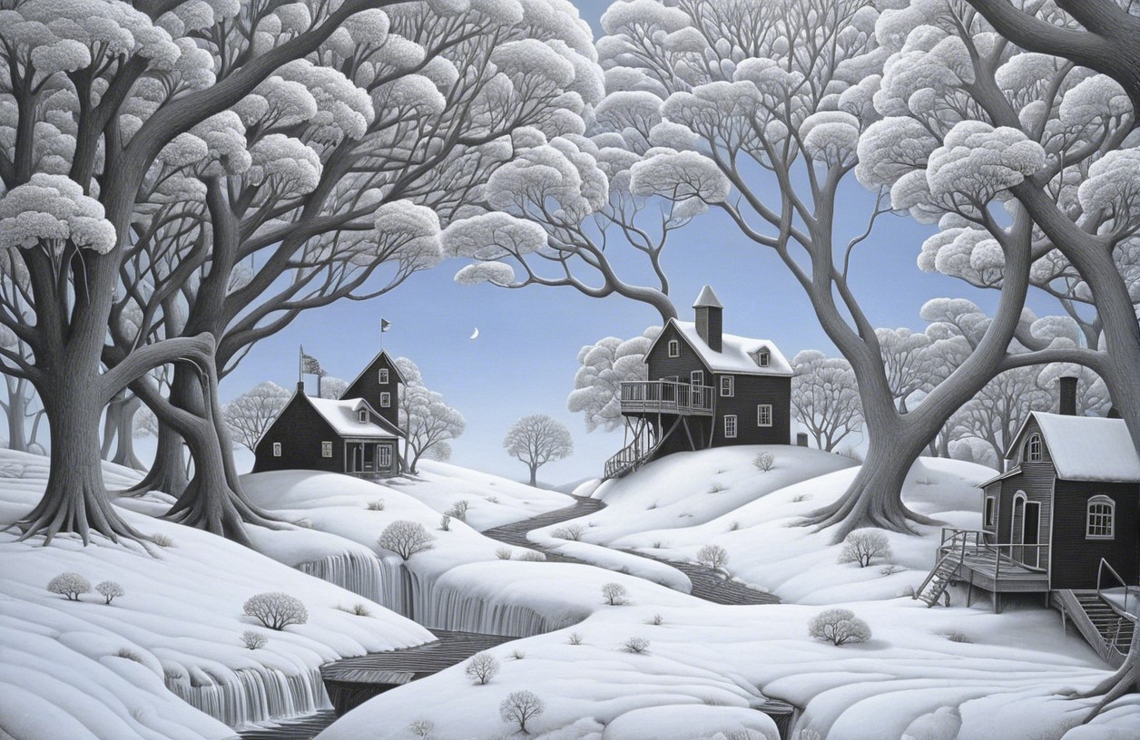 Winter Landscape with Black Houses and Snowy Hills