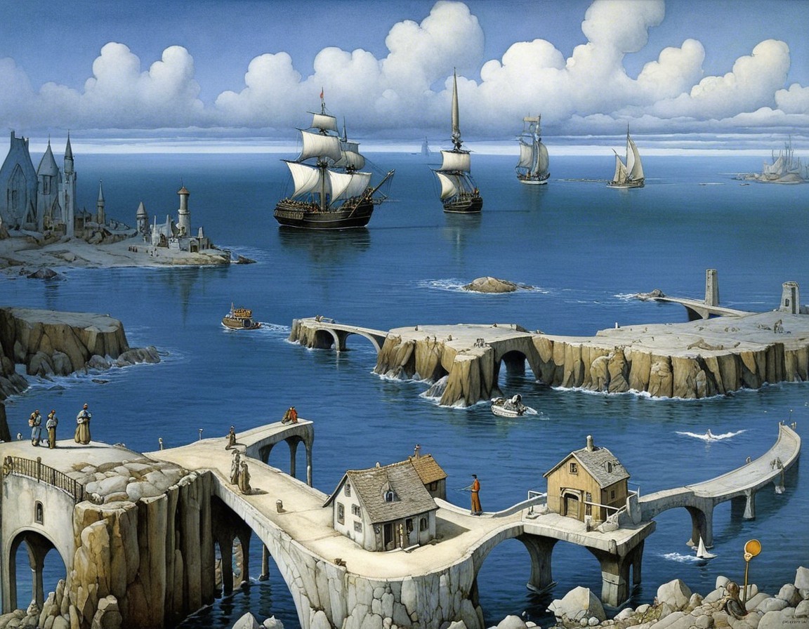 Surreal Coastal Scene with Whimsical Bridges and Ships