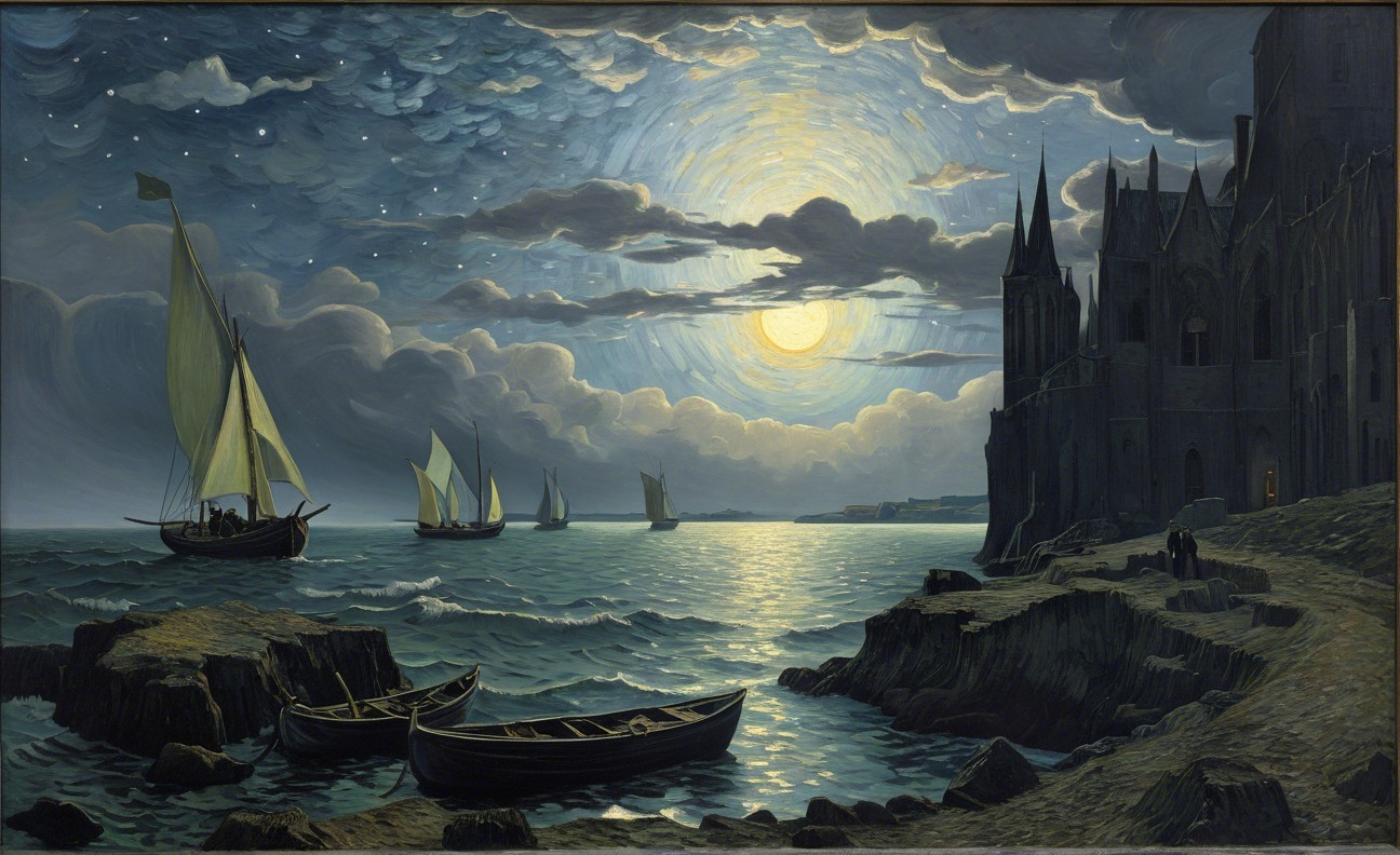 Serene Seascape with Moonlit Sailing Boats and Rocks