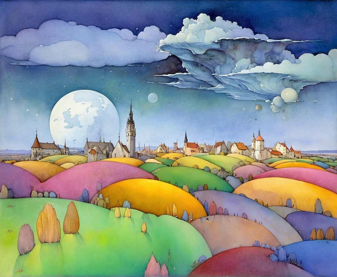 Whimsical Landscape with Colorful Hills and Village