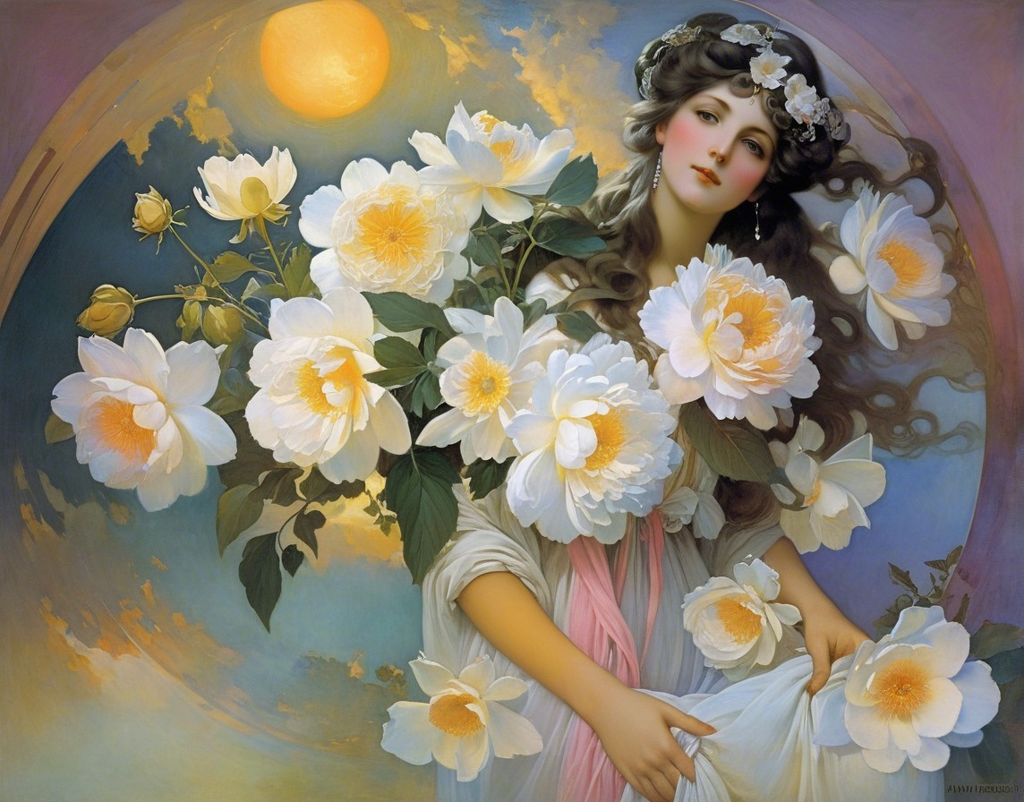 Serene Woman with Floral Crown and Peonies