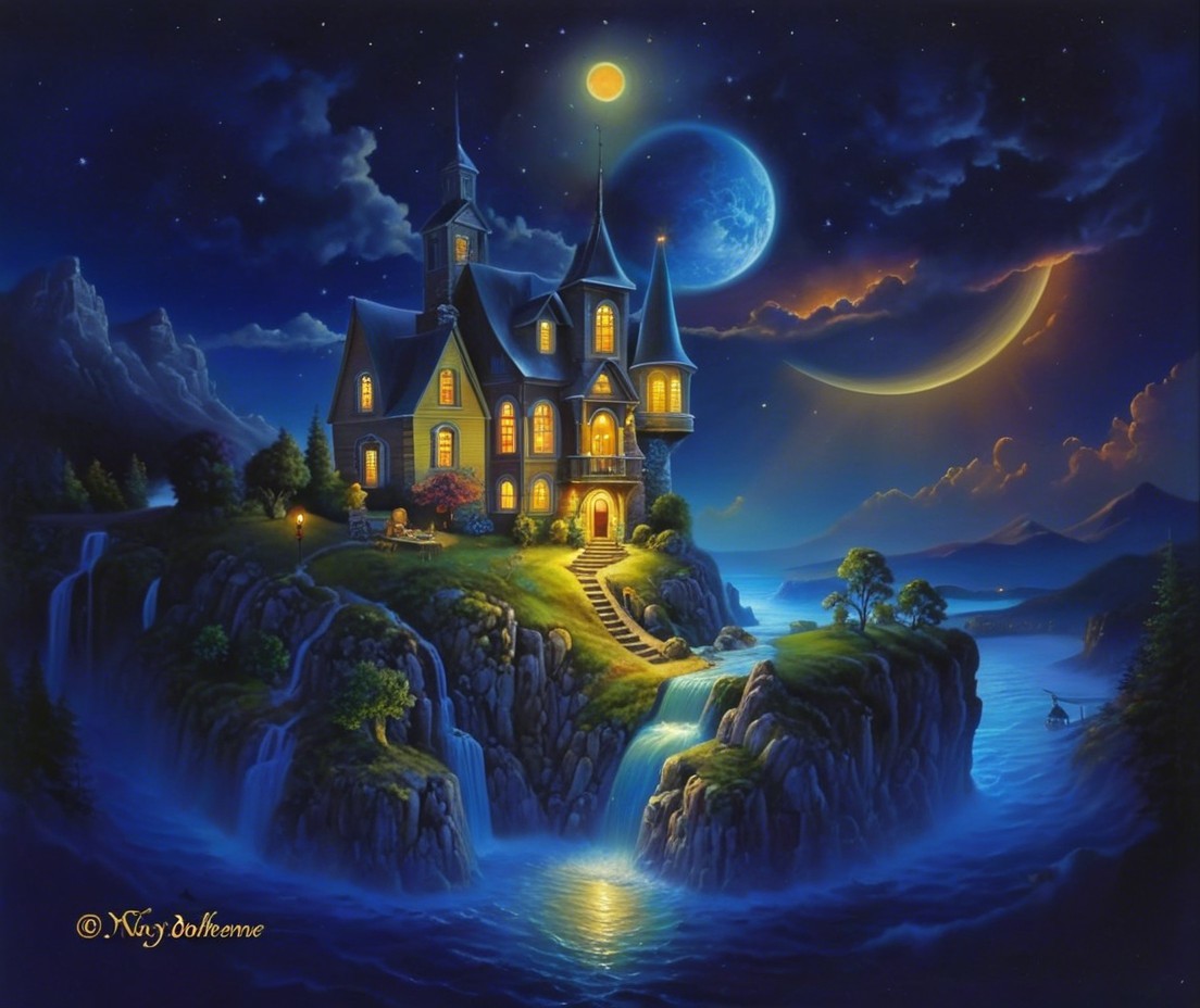 Mystical castle on cliff with waterfalls and lake