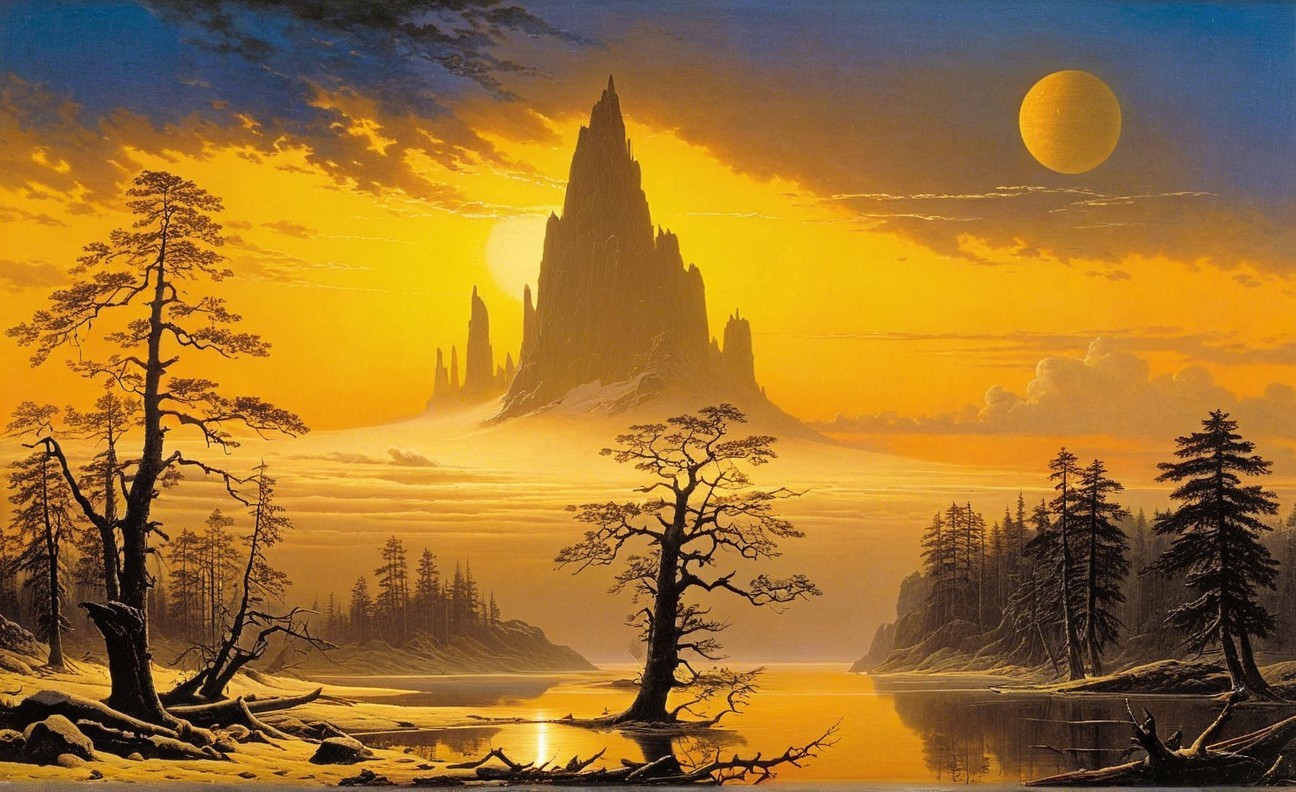 Golden Sunset Over Mountain Landscape with Lake Reflection