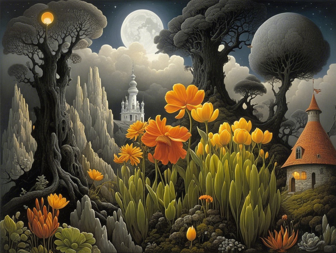 Mystical Landscape with Vibrant Flowers and Castle