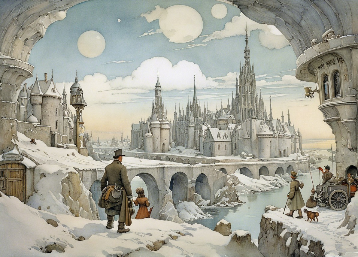 Fantastical Winter Landscape with Castle City and Moons
