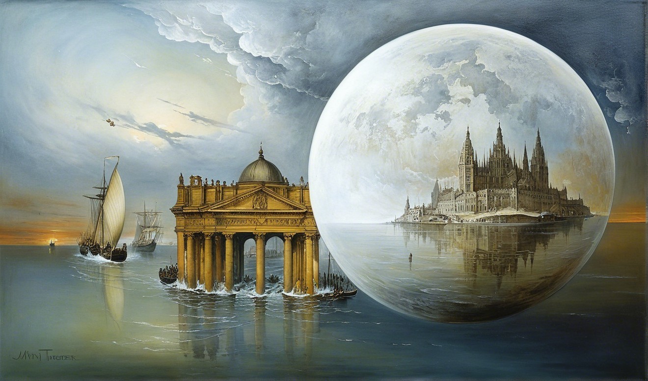 Surreal Landscape with Classical Port and Translucent Orb