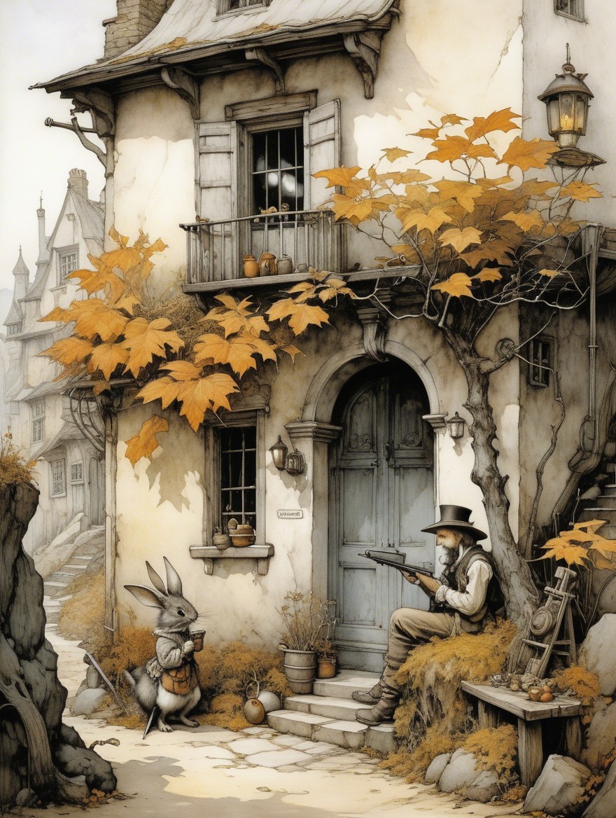Medieval-Style House with Autumn Leaves and Characters
