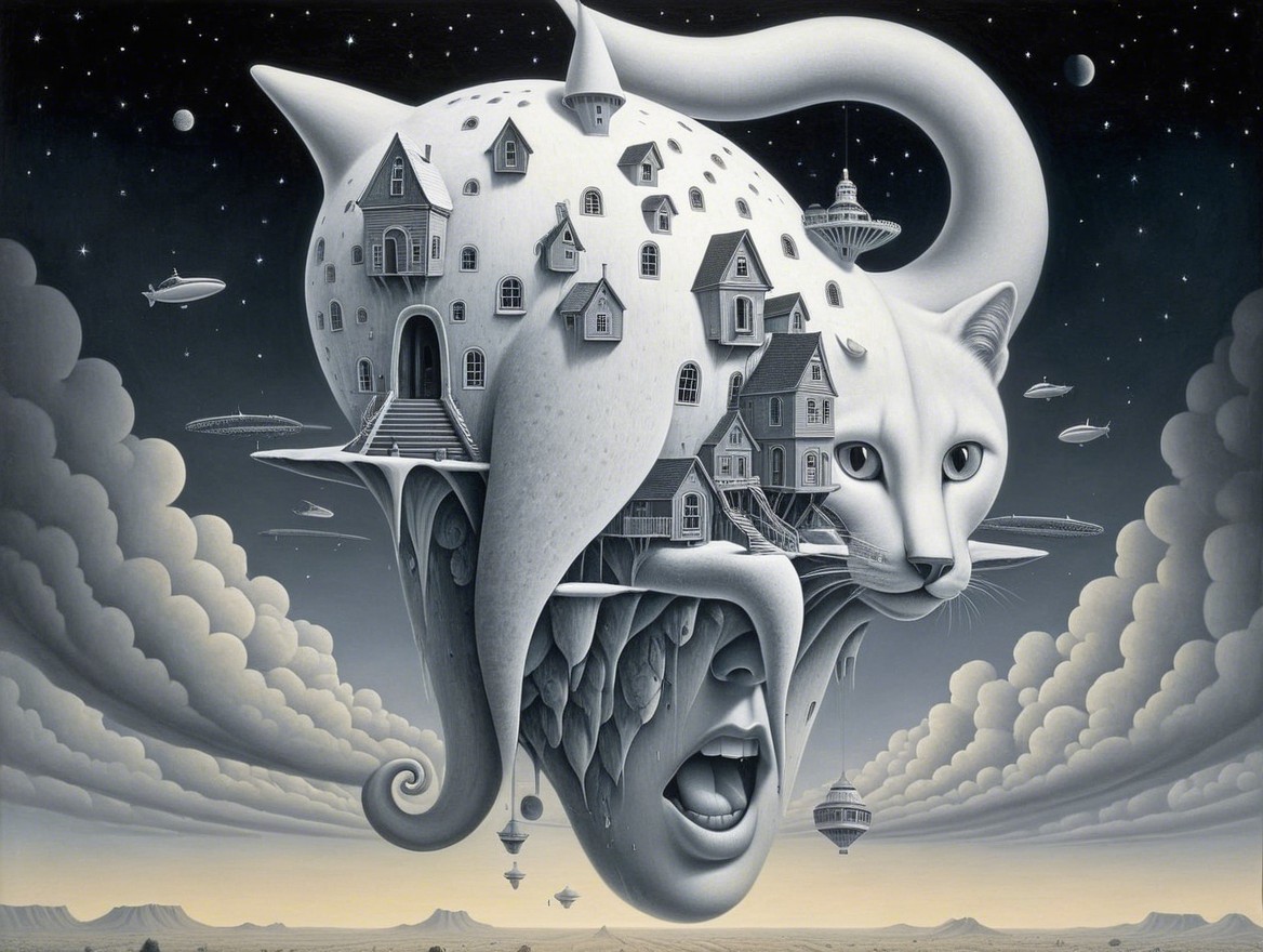 Surreal Cat-Human Fusion in Whimsical Landscape Art