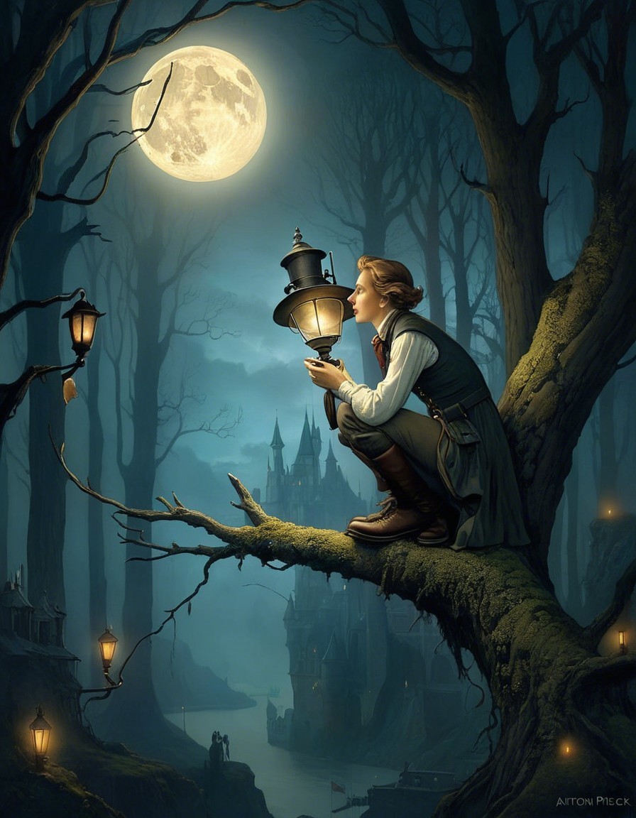 Lone Figure on Tree Branch Under Full Moonlight