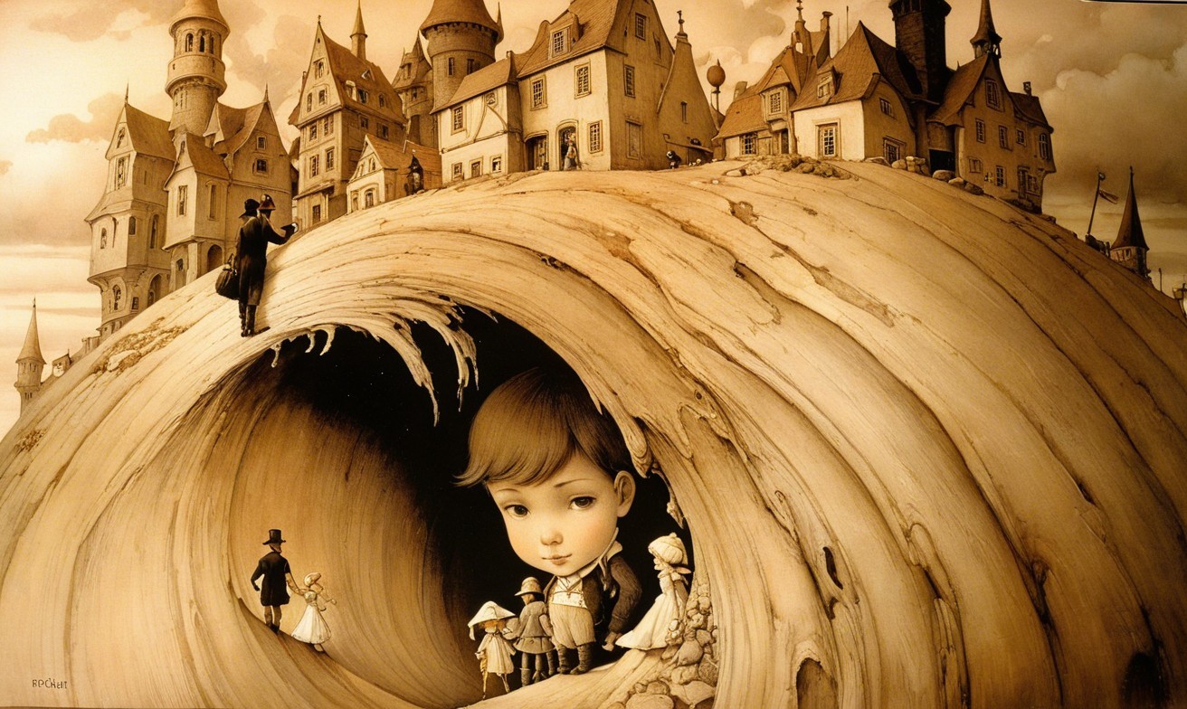 Surreal landscape with a giant wave and children