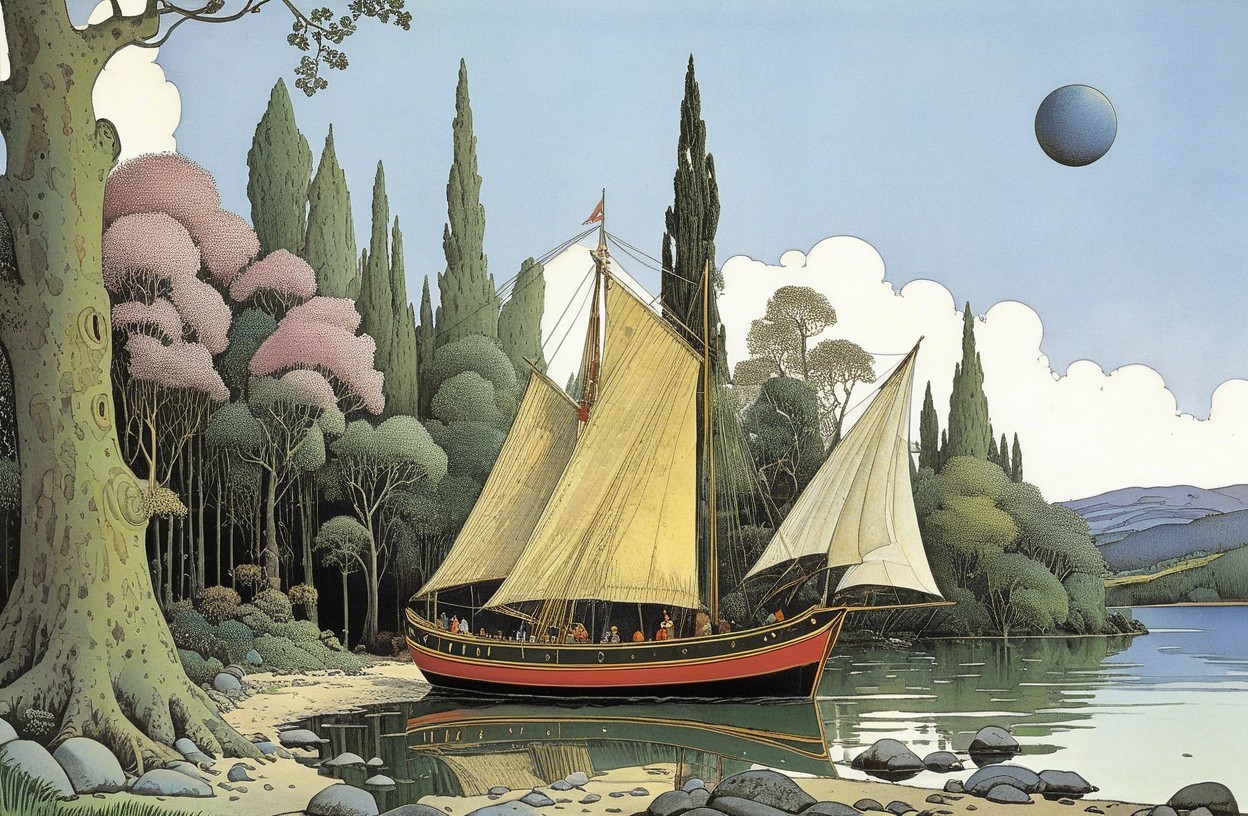 Sailboat on a Calm River Surrounded by Lush Foliage