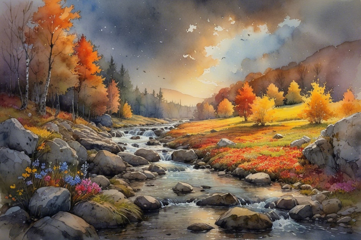 Serene Autumn Landscape with Stream and Foliage